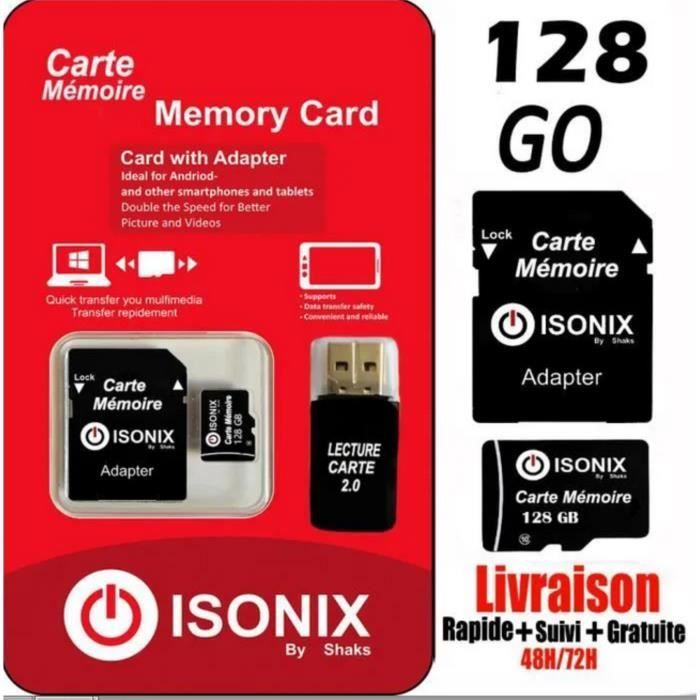 Tarjeta de memoria Micro SD - ISONIX - 128 GB - Clase 10 - Adaptador SD - Lector de tarjetas