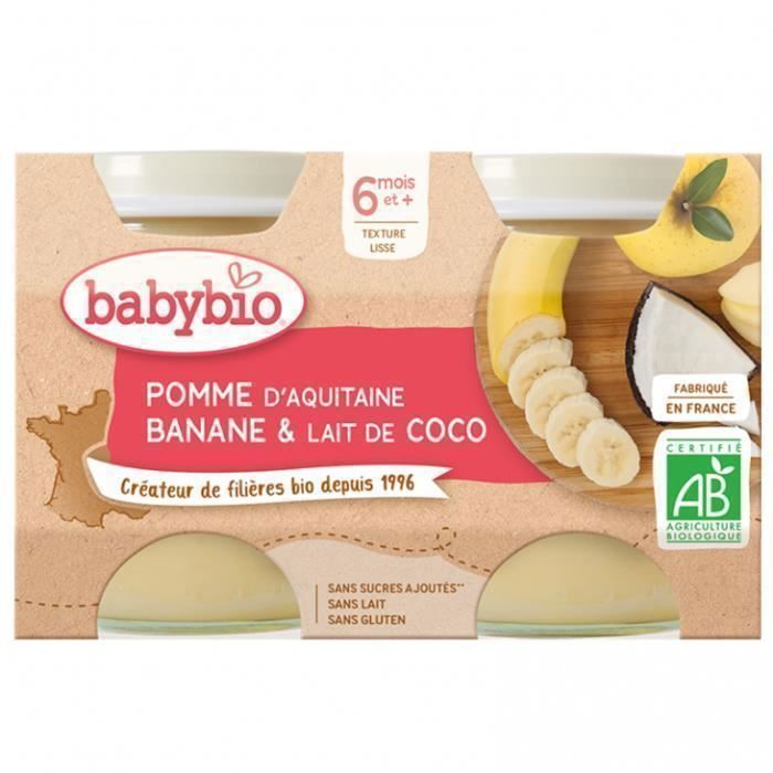 Babybio - Tarrito de comida para bebés de manzana, plátano y coco - Ecológico - 2 x 130 g - A partir de 6 meses