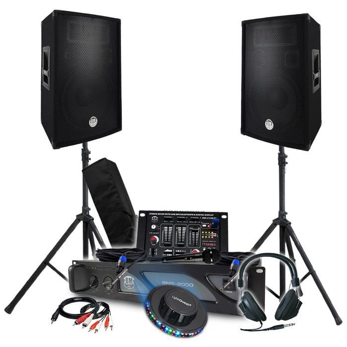 Kit completo per impianto audio DJ da 3200 W: amplificatore, altoparlanti, mixer, supporti, cuffie, cavi, microfono, LED - Ideale per feste, bar ed eventi.