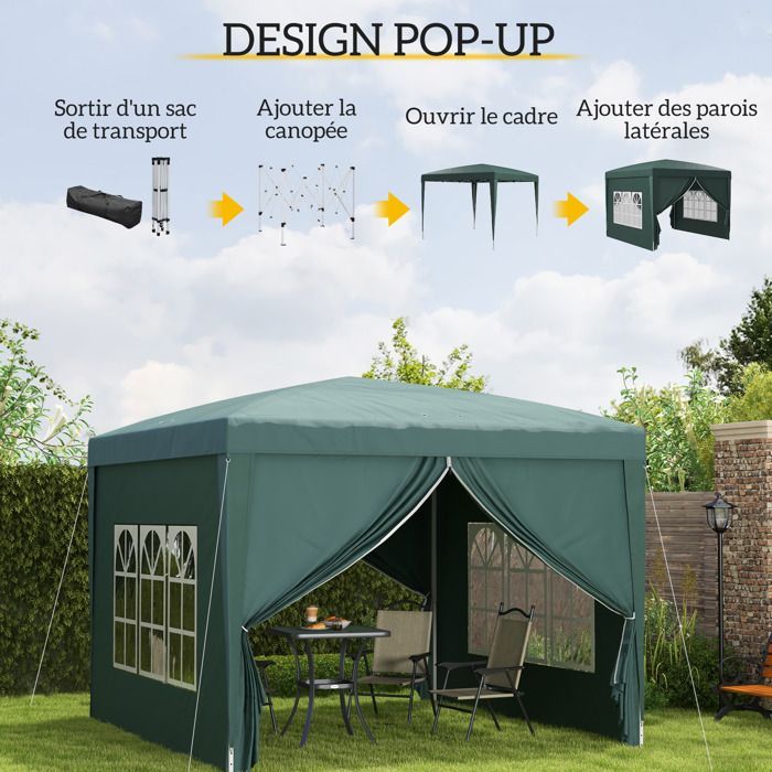Tonnelle de jardin - Outsunny - tente réception barnum pop-up pliant 4 parois amovibles - acier - 3x3m - vert