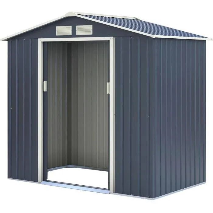 Metalen tuinschuur 2,71 m² - 213 x 127 x 195 cm - PLUTON - Inclusief verankeringsset, 2 schuifdeuren - Grijs