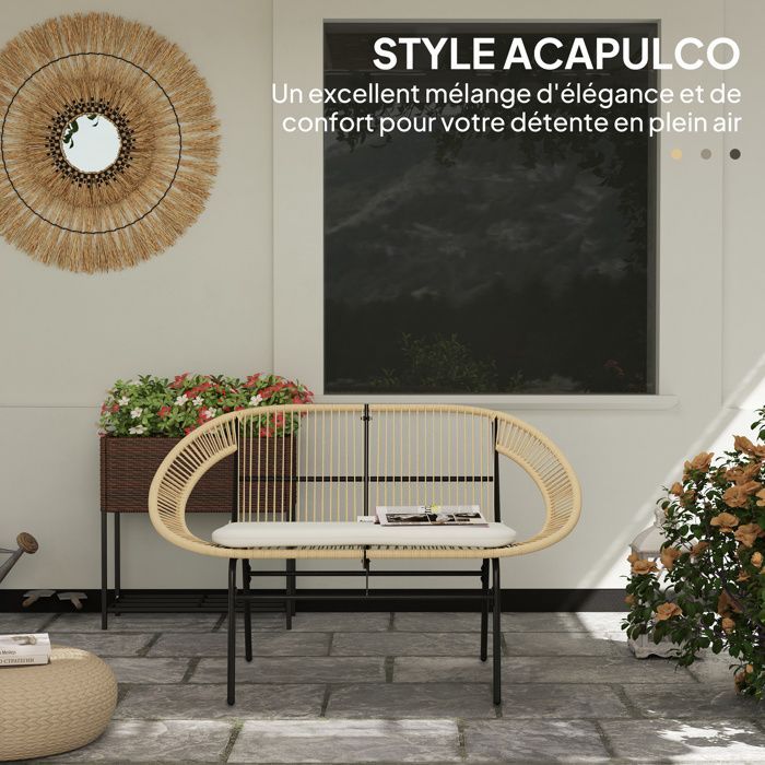 Banco de jardín Outsunny - 2 plazas - Estilo Acapulco - con respaldo y cojín - Fabricado en acero - 126 x 72 x 83 cm - Color caqui