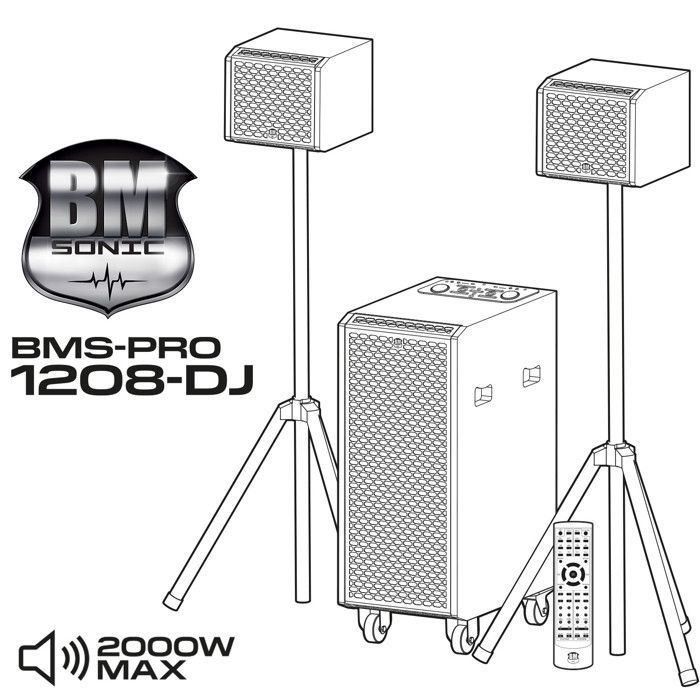 Pacchetto completo del sistema PA BM SONIC BMS-PRO1208-DJ: subwoofer amplificato da 2000 W (700 W RMS) + 2 altoparlanti satellite da 150 W, 2 x Bluetooth, 2 x USB, ottico, AUX, FM