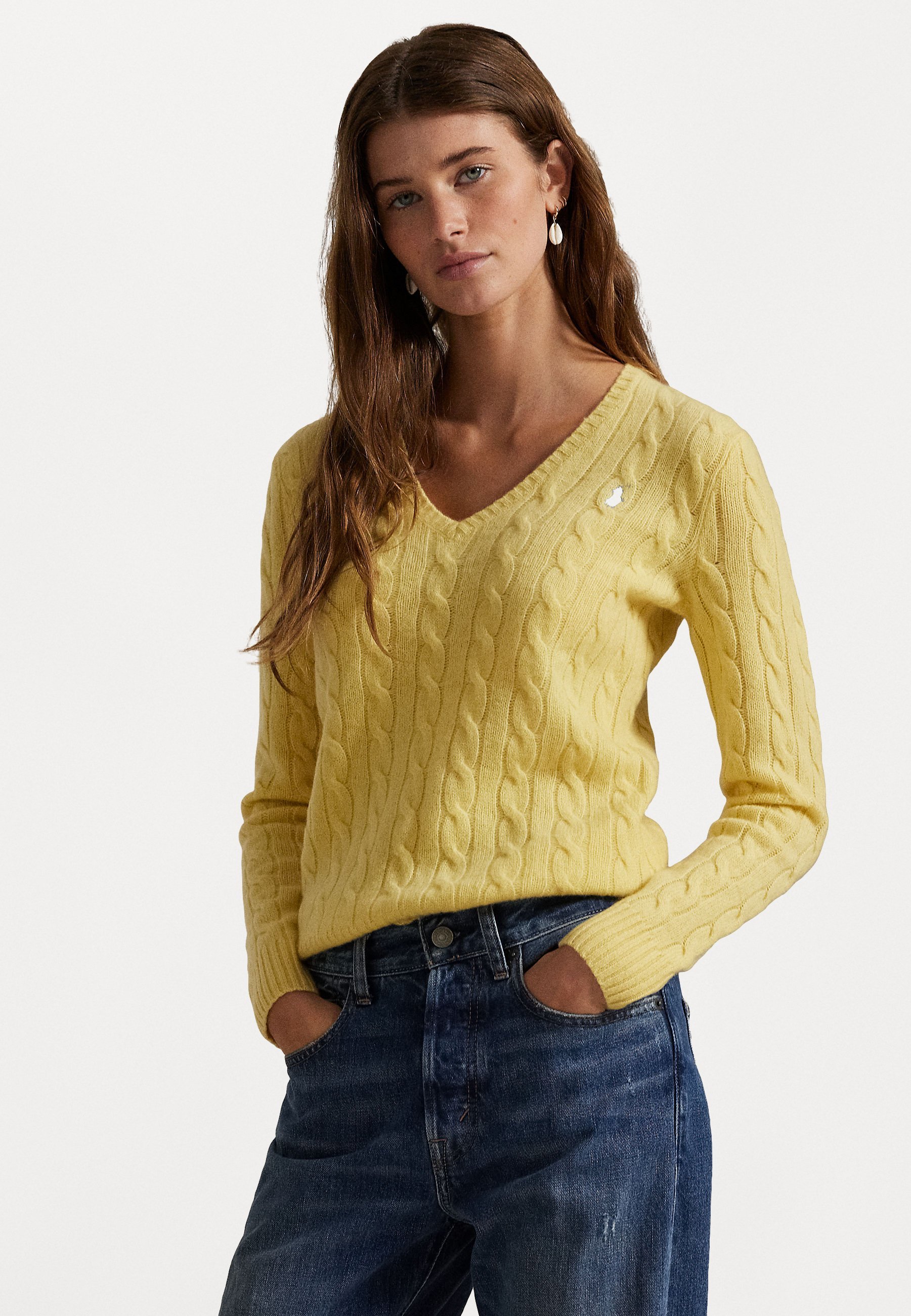 Sweter Polo Ralph Lauren z wełny i kaszmiru z dekoltem w serek - Sweter - jesienno-żółty