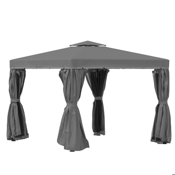 Tonnelle de jardin - Outsunny - 3 x 3 m - barnum avec toit double, rideaux et moustiquaire - cadre en aluminium - gris foncé