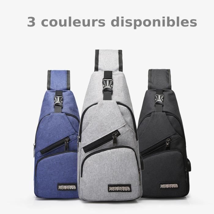 Bolso bandolera negro para hombre con puerto USB, ideal para deportes y viajes.