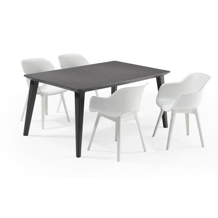 Mesa ALLIBERT GARDEN LIMA 160x100cm - Grafito + 2 juegos de 2 sillones AKOLA Blanco - Resina