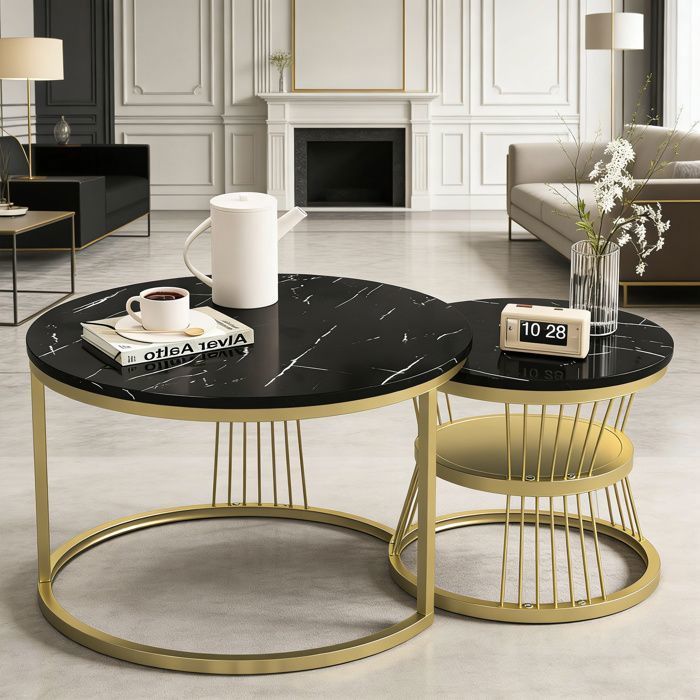 Set di 2 tavolini impilabili, piano in marmo e gambe in metallo – P70/45 x H45/40 cm – nero
