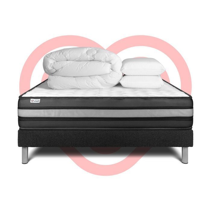 Juego de cama completo de 180x200 cm - Colchón + Base de cama negra (requiere montaje) + 2 almohadas + Edredón - Vital Power Zen Negro