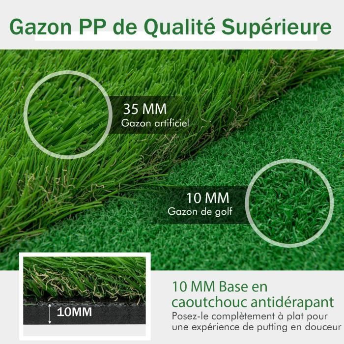 Tapete de práctica de golf portátil COSTWAY de 300 x 100 cm - Césped artificial de 35 mm - 3 hoyos, 3 banderas, copas - Base antideslizante