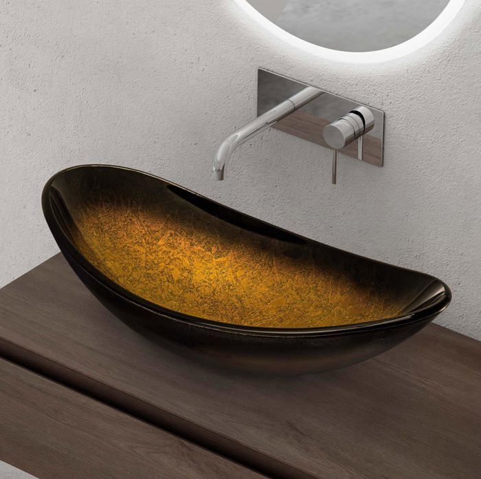 Lavabo de encimera doporro, lavabo de cristal dorado, lavabo ovalado para baño, lavabo pequeño para inodoro, 53,5 x 35,5 x 16 cm, Minerva08