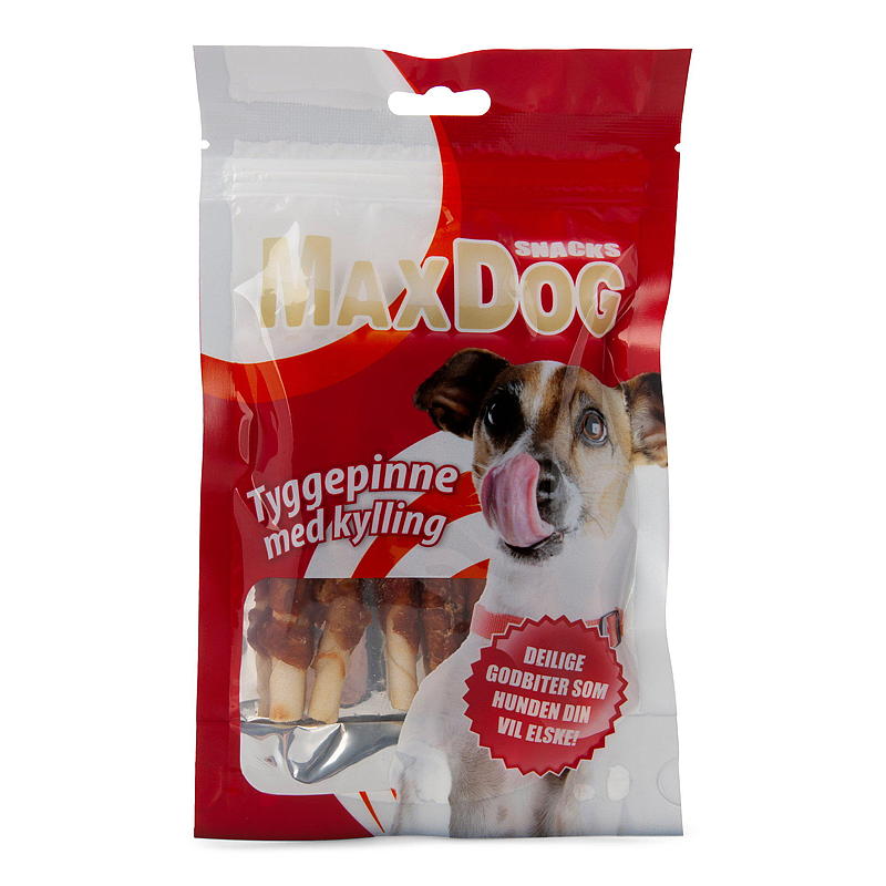 Snack per cani MaxDog: bastoncini da masticare MaxDog da 80 g con involucro di pollo.