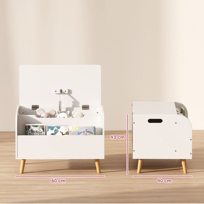 Children's toy chest - AIYAPLAY - hinged lid and open compartment - MDF - 60x40x43cm - white