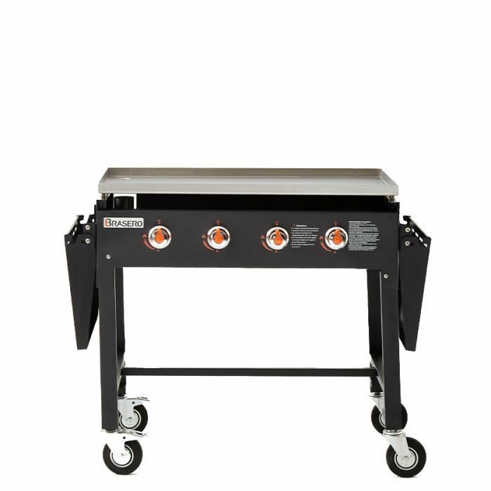 BRASERO Carmen gasgrill op trolley - 4 branders - Roestvrijstalen plaat - 90 x 45,5 cm - Opklapbare trolley met opklapbare zijplanken, zwart