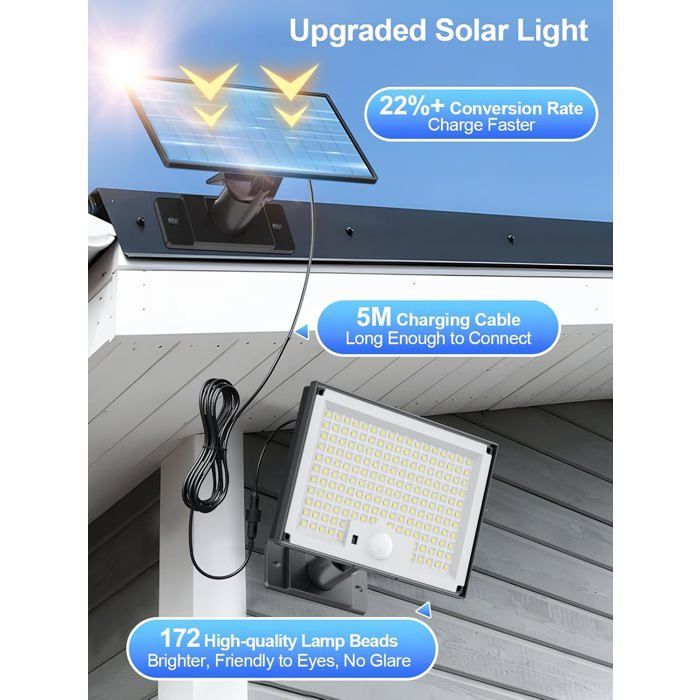 Lámpara solar de exterior con 172 LED, 3 modos, sensor de movimiento y clasificación IP65 (luz blanca fría).