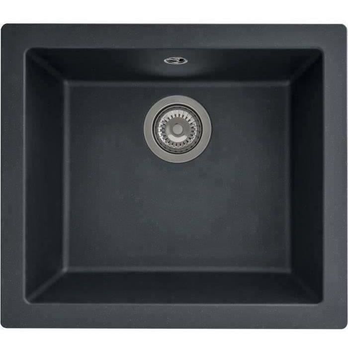 Fregadero de resina de un solo seno - Negro brillante - Empotrado o bajo encimera - STRADOUR