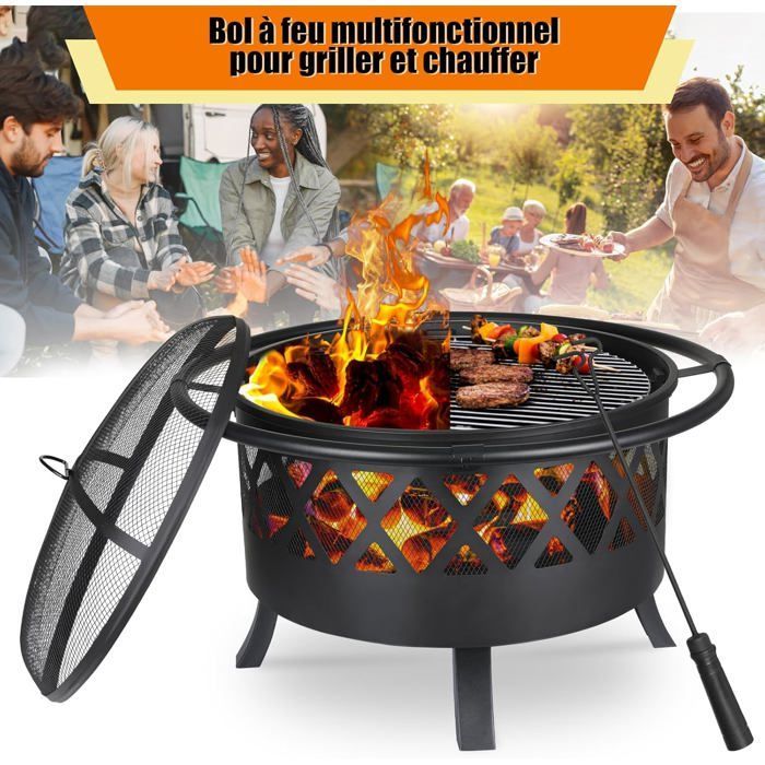81cm Brasero Barbecue Exterieur pour Jardin,Foyer avec Protection Anti-étincelles et Tisonnier,Grille de Barbecue,Noir