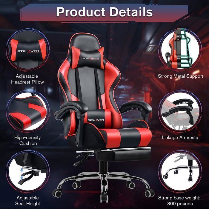 Chaise Gaming Fauteuil de Bureau Chaise de Massage Lombaire Pivotante avec Repose-Pieds Accoudoirs en Cuir de PU (Rouge)