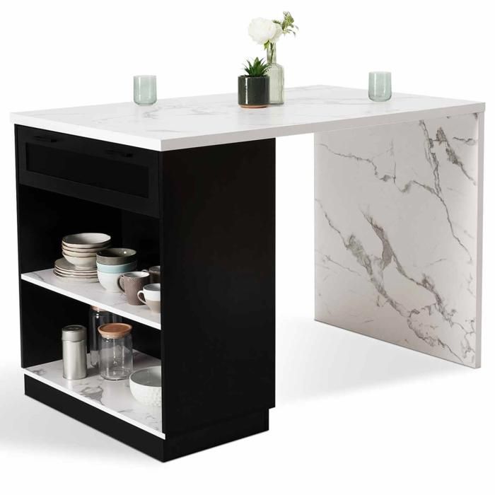 IDMARKET VITO Mesa alta tipo isla de 130 cm en color negro con efecto mármol de Alaska para 4 personas.
