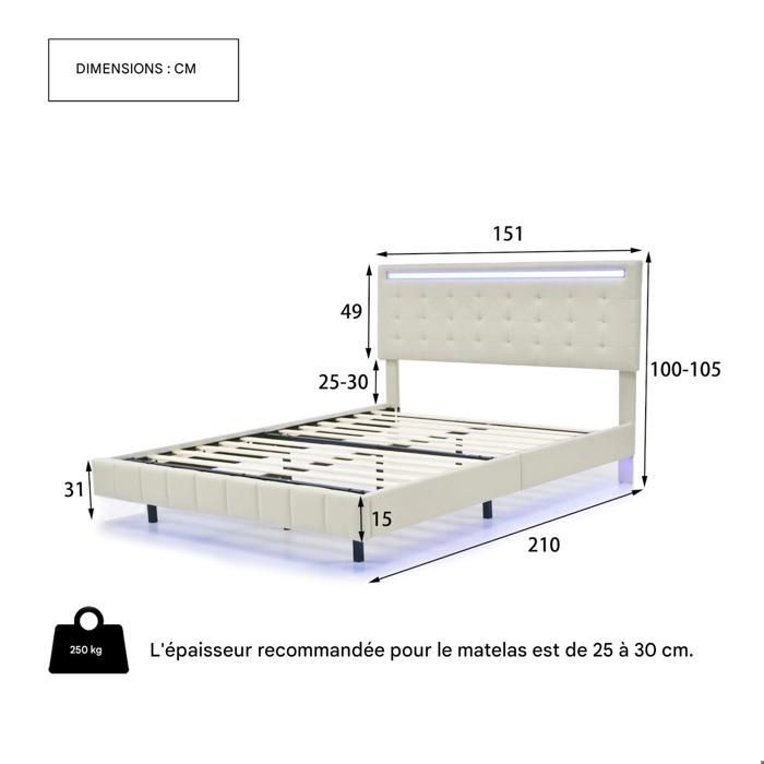 Lit double 140x190 cm - SUNFECILI - Beige - Avec LED et USB - Tissu en lin - Charge 300 kg
