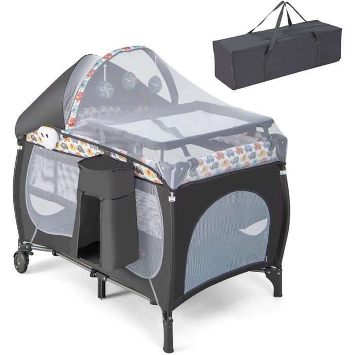 COSTWAY Lettino da viaggio pieghevole 5 in 1 con materasso, giocattoli sospesi, carillon, capottina rimovibile, 2 ruote, 0-3 anni, 15 kg, colorato