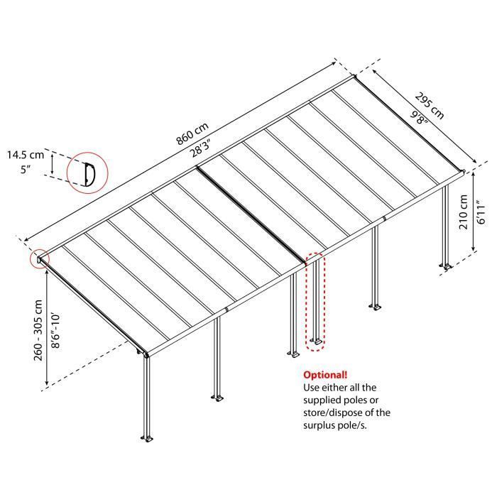Pérgola adosada Olympia de 25,5 m² - Aluminio y policarbonato - Gris - PALRAM