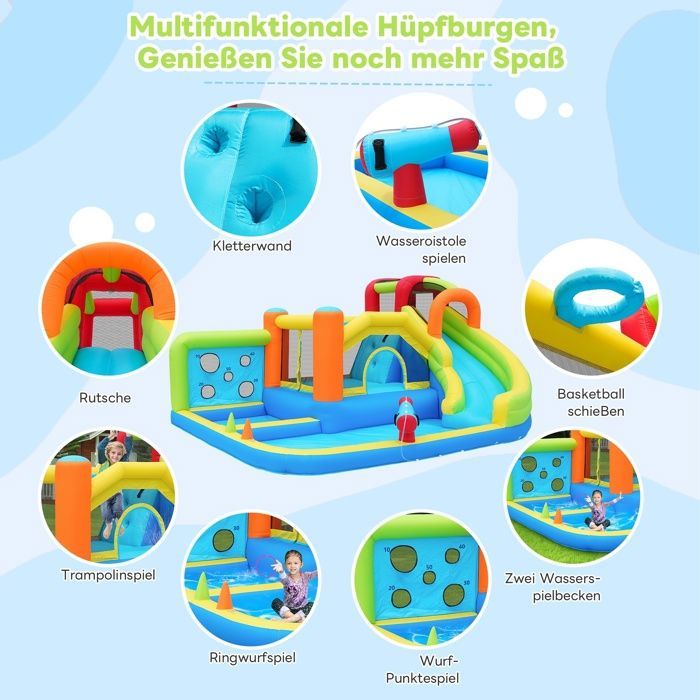 Château gonflable avec souffleur, parc aquatique pour enfants , toboggan aquatique, mur de lancer, panier de basket, mur d'escalade