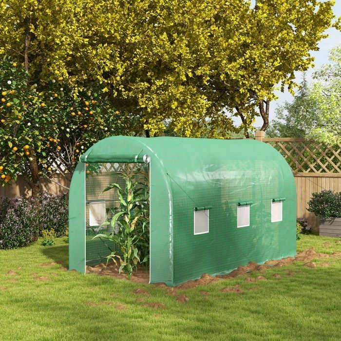 Serre de jardin tunnel - Outsunny - serre à tomates surface 8 m² châssis renforcé porte zippée - PE - 4x2x2,05m - vert