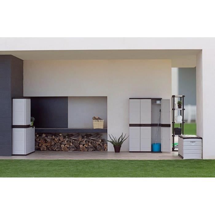 TITANIUM PLASTIKEN 2-door wardrobe with shelves and hanging rail, W70 x D44 x H176 cm, Beige and Black, TITANIUM range, Indoor/Outdoor