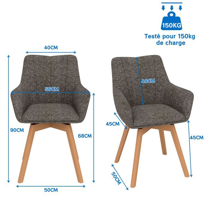 WAFTING Lot de 4 Chaises de Salle à Manger Pivotantes 360°, Accoudoirs et Pieds Bois, Dossier Haut avec Coussin en Molleton.Marron.