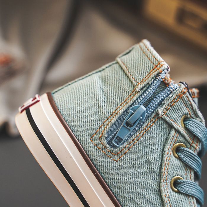 Baskets Haute en Toile Enfant Chaussures Léger en Denim Respirante Antidérapant Pour Garcon et Fille - Bleu Clair
