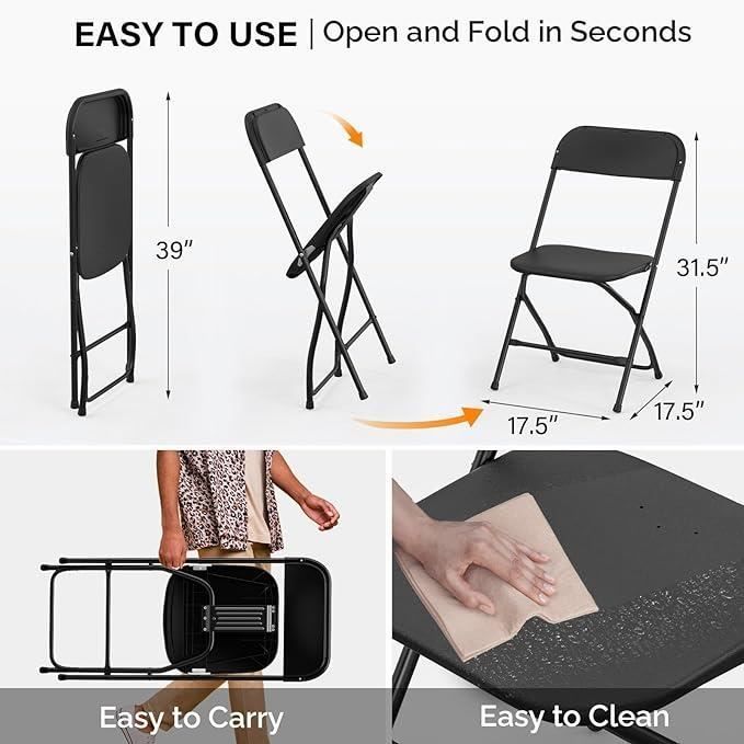 Lot de 6 chaises pliantes en plastique noir, sièges commerciaux empilables portables intérieurs et extérieurs avec cadre en acier