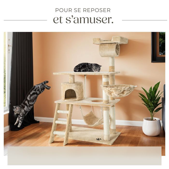 Árbol rascador para gatos - TECTAKE - MARCEL, 141 cm de altura, con cuerda, poste rascador y zonas de descanso - Beige