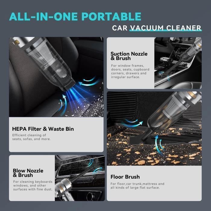 4-en-1 Aspirateur Voiture Puissant sans Fil - 16KPA Mini Aspirateur a Main sans Fil - 3 Niveaux Réglables - Aspirateur de Table