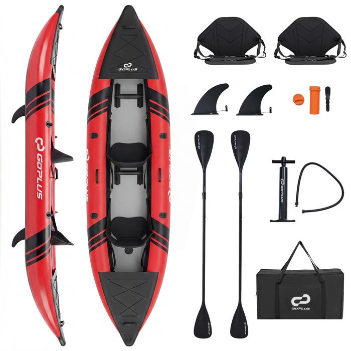 Kayak hinchable COSTWAY para 2 personas, 381x94x40cm - 2 remos de aluminio, 2 aletas desmontables, kit de reparación, bomba manual - 230kg - Rojo