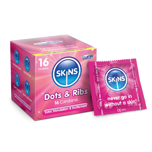 Skins Kondomit Dots & Ribs Kuutio 16 Pakkaus | Terveys | Superdrug