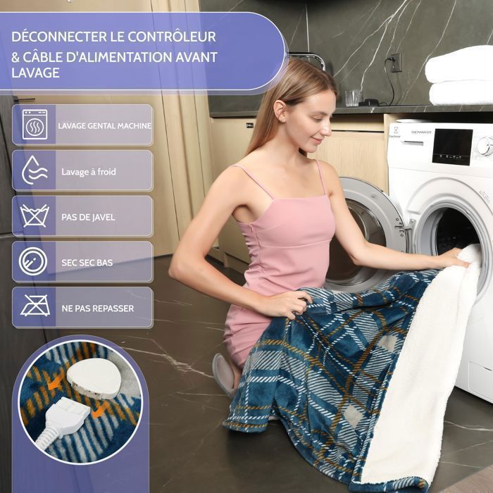 Manta elétrica aquecida de 130x185cm em flanela e veludo com 10 níveis de temperatura.