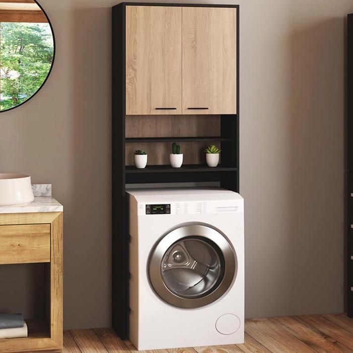 IDMARKET WALLIS black and beech-effect wood storage unit above washing machine and toilet