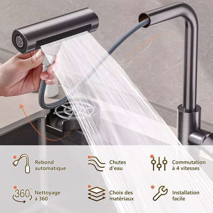 Robinet de Cuisine, Douchette Extractible 4 Modes, Mitigeur Cuisine Chaud et Froid, Rotation à 360° , Acier inoxydable - Noir