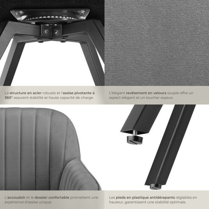 Chaise - TECTAKE - Fauteuil pivotant à 360° SNUG avec accoudoirs velours rembourré - Gris