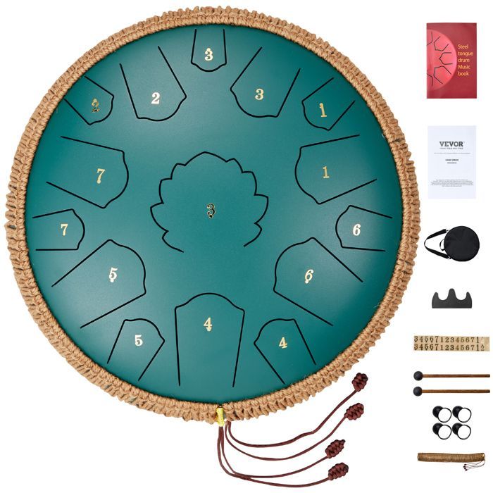 VEVOR Steel Tongue Drum - 356 mm - 15 Notes - 2 Mallets, Carrying Bag - for Music Education, Yoga - Green