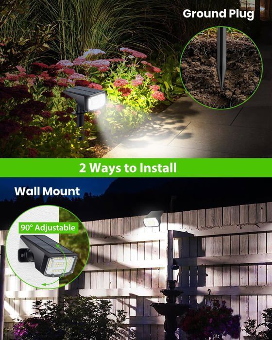 Set van 4 solar buitenspots, 50 LED solar tuinlampen, IP68 waterdicht, krachtige solar schijnwerper voor buiten
