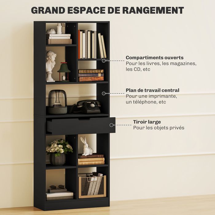 Boekenkast/opbergmeubel - HOMCOM - lade en open schappen - 60 x 26 x 158 cm - zwart