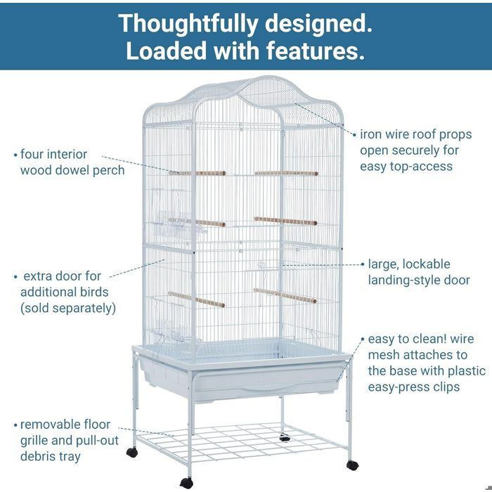 VOLIERE - CAGE OISEAU -TOYS S- 64×54×138 cm- BLANC- en Métal- avec mangeoire et perchoirs