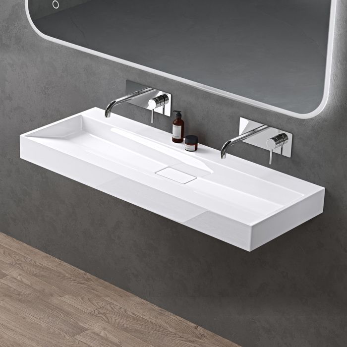 doporro Lavabo Suspendu avec Bonde Vasque à Poser Blanc 120x46x11cm Lave Mains Rectangulaire sans Perçage Colossum19