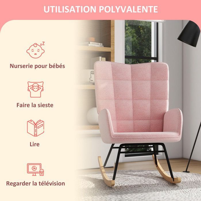 Fauteuil à bascule, rocking chair, fauteuil allaitement, chaise a bascule en polaire Teddy, chambre à coucher, salon - rose