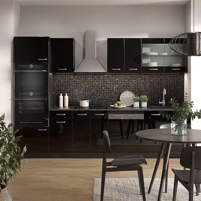 Cuisine R-Line 300cm avec armoire haute, sans PT Noir Haute brillance Anthracite Vicco 40962