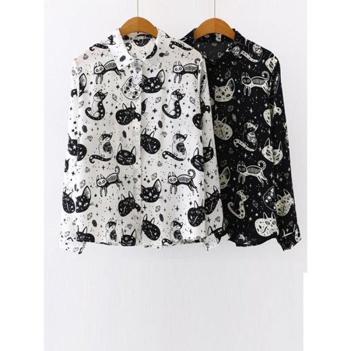 Chemise imprimée à manches longues pour femme, style automne-hiver, coupe ample et droite, design pointu, top en satin imprimé chaton.