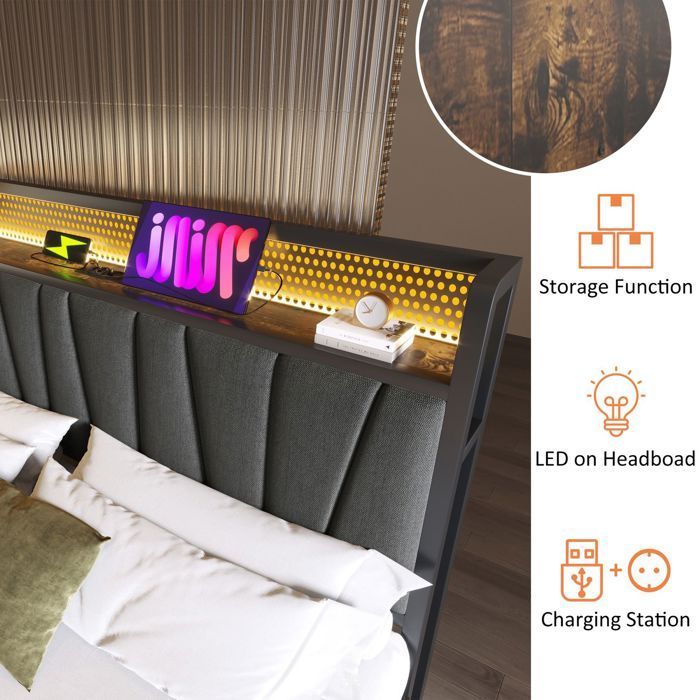 Lit capitonné 180x200, avec tête de lit LED, commande par appli, ports USB et design métallique premium lit double