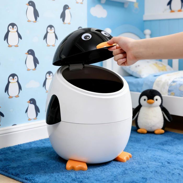 Pinguïn kinderprullenbak van 12 liter - met uitneembare binnenemmer, dierenthema decoratie voor slaapkamer of badkamer, wit